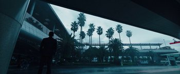 Movie still from “Night in Paradise” (2020), directed by Park Hoon-jung – Palm trees are seen in front of an overpass; Extreme Wide shot, Low angle
