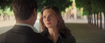 Movie still from “Mission: Impossible - Fallout” (2018), directed by Christopher McQuarrie – A beautiful young woman standing next to a young man; Close Up shot, Over the shoulder angle