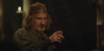 An old man wearing a viking hat and a beard