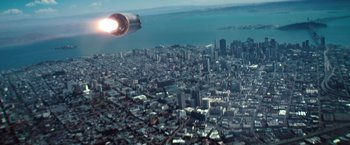 Movie still from “Mission: Impossible - Ghost Protocol” (2011), directed by Brad Bird – An aerial view of a large city with buildings; Extreme Wide shot, High angle