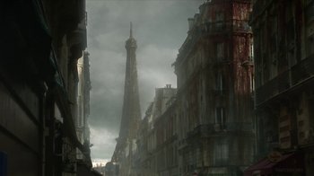 Movie still from “Oats Studios” (2017), directed by Neill Blomkamp – A very tall tower in the middle of a city; Extreme Wide shot, Low angle