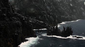 Movie still from “Oats Studios” (2017), directed by Neill Blomkamp – A river running through the middle of a forest; Extreme Wide shot, Overhead angle