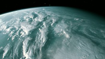 Movie still from “Oats Studios” (2017), directed by Neill Blomkamp – A view of the earth from the space shuttle; Extreme Wide shot, Overhead angle