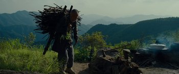 Movie still from “Okja” (2017), directed by Bong Joon Ho – An older man carrying a large bundle of wood on top of a hill; Wide shot, Low angle