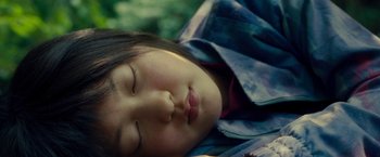 Movie still from “Okja” (2017), directed by Bong Joon Ho – A young girl is sleeping on a blanket outside; Close Up shot, Overhead angle