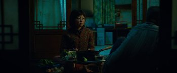 Movie still from “Okja” (2017), directed by Bong Joon Ho – A woman sitting at a table with a bowl of food; Medium shot, Over the shoulder angle