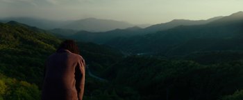 Movie still from “Okja” (2017), directed by Bong Joon Ho – A man standing on top of a hill looking at a valley; Extreme Wide shot, High angle