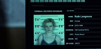 Movie still from “Ozark” (2017), created by Bill Dubuque – A mugshot of a woman in a blue top; Extreme Close Up shot, Low angle