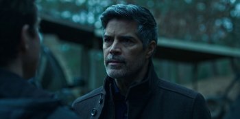 Movie still from “Ozark” (2017), created by Bill Dubuque – A person wearing a jacket; Close Up shot, Over the shoulder angle
