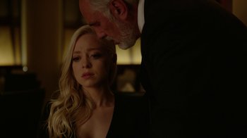 Movie still from “Mr. Robot” (2015), created by Sam Esmail – An older man and a young woman looking at each other; Close Up shot, Over the shoulder angle