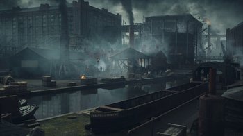 Movie still from “Peaky Blinders” (2013), created by Steven Knight – An industrial area with a lot of smoke coming out of it; Extreme Wide shot, High angle