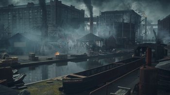 Movie still from “Peaky Blinders” (2013), created by Steven Knight – An industrial area with boats and smoke billowing out of the buildings; Extreme Wide shot, High angle