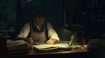 Movie still from “Peaky Blinders” (2013), created by Steven Knight – An older man sitting at a desk writing on a piece of paper; Medium shot, Low angle