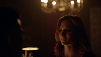 Movie still from “Mr. Robot” (2015), created by Sam Esmail – A beautiful woman with red hair in the dark; Close Up shot, Over the shoulder angle