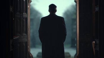 Movie still from “Peaky Blinders” (2013), created by Steven Knight – A man standing in front of an open door; Medium shot, Low angle