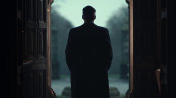 Movie still from “Peaky Blinders” (2013), created by Steven Knight – A man standing in front of an open door; Medium shot, Low angle