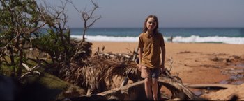 Movie still from “Penguin Bloom” (2020), directed by Glendyn Ivin – A young man standing on the beach near the ocean; Wide shot, Over the shoulder angle