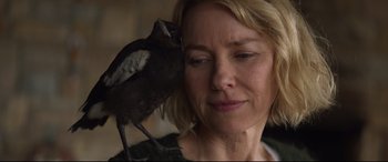 Movie still from “Penguin Bloom” (2020), directed by Glendyn Ivin – A woman holding a bird on her shoulder; Close Up shot, Low angle