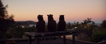 Movie still from “Penguin Bloom” (2020), directed by Glendyn Ivin – Three teddy bears sitting on top of a wooden bench; Wide shot, Low angle
