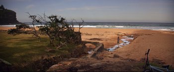 Movie still from “Penguin Bloom” (2020), directed by Glendyn Ivin – A person standing on a beach near the ocean; Extreme Wide shot, High angle