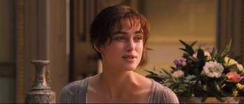Movie still from “Pride & Prejudice” (2005), directed by Joe Wright – A person wearing a dress; Close Up shot, Over the shoulder angle