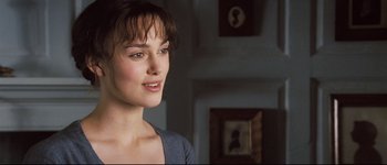 Movie still from “Pride & Prejudice” (2005), directed by Joe Wright – A person wearing a blue shirt; Close Up shot, Over the shoulder angle
