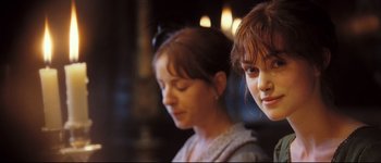 Movie still from “Pride & Prejudice” (2005), directed by Joe Wright – A woman and a girl standing next to each other; Close Up shot, Over the shoulder angle