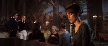 Movie still from “Pride & Prejudice” (2005), directed by Joe Wright – A group of people sitting in a room with candles; Medium shot, Low angle
