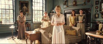 Movie still from “Pride & Prejudice” (2005), directed by Joe Wright – A group of people in a living room; Wide shot, Low angle