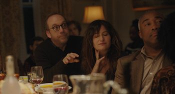 Movie still from “Private Life” (2018), directed by Tamara Jenkins – A man and a woman sitting at a dinner table; Close Up shot, Over the shoulder angle