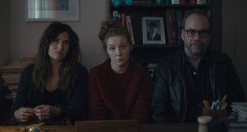 Movie still from “Private Life” (2018), directed by Tamara Jenkins – A group of people sitting around a table; Medium shot, Over the shoulder angle