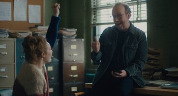 Movie still from “Private Life” (2018), directed by Tamara Jenkins – A man and a girl are talking to each other; Medium shot, Over the shoulder angle