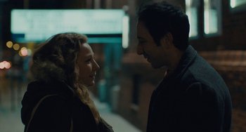 Movie still from “Private Life” (2018), directed by Tamara Jenkins – A man and a woman looking at one another; Close Up shot, Over the shoulder angle