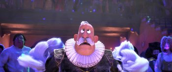 Movie still from “Puss in Boots: The Last Wish” (2022), directed by Januel Mercado – A cartoon of a man with a beard and a mustache; Close Up shot, Low angle