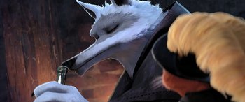 Movie still from “Puss in Boots: The Last Wish” (2022), directed by Januel Mercado – An image of an animal that is looking at something; Close Up shot, Over the shoulder angle