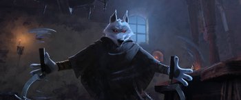 Movie still from “Puss in Boots: The Last Wish” (2022), directed by Januel Mercado – A painting of a white wolf wearing a black cape; Medium shot, Low angle