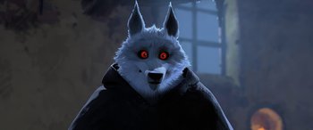 Movie still from “Puss in Boots: The Last Wish” (2022), directed by Januel Mercado – An image of an animal that is wearing a cape; Close Up shot, Over the shoulder angle