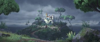 Movie still from “Puss in Boots: The Last Wish” (2022), directed by Januel Mercado – A painting of a castle on top of a hill; Extreme Wide shot, Low angle