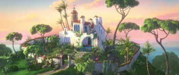 Movie still from “Puss in Boots: The Last Wish” (2022), directed by Januel Mercado – An artistic painting of a castle with palm trees in the background; Extreme Wide shot, Low angle