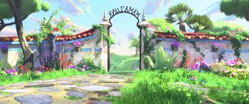 Movie still from “Puss in Boots: The Last Wish” (2022), directed by Januel Mercado – An image of an entrance to a park; Extreme Wide shot, Low angle