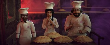 Movie still from “Puss in Boots: The Last Wish” (2022), directed by Januel Mercado – A couple of people that are standing in front of some pies; Medium shot, High angle