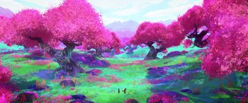 Movie still from “Puss in Boots: The Last Wish” (2022), directed by Januel Mercado – A painting of two people standing in a field; Extreme Wide shot, High angle