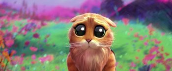 Movie still from “Puss in Boots: The Last Wish” (2022), directed by Januel Mercado – An orange cat with green eyes looking at the camera; Close Up shot, High angle