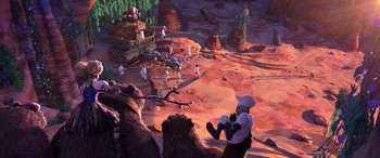 Movie still from “Puss in Boots: The Last Wish” (2022), directed by Januel Mercado – An image of an animated scene with a bunch of people; Extreme Wide shot, High angle
