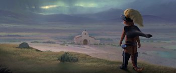 Movie still from “Puss in Boots: The Last Wish” (2022), directed by Januel Mercado – An oil painting of a man standing on a hill looking at a church; Wide shot, Low angle