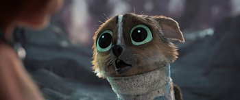 Movie still from “Puss in Boots: The Last Wish” (2022), directed by Januel Mercado – An animal with big eyes and a sweater on it; Close Up shot, High angle
