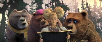 Movie still from “Puss in Boots: The Last Wish” (2022), directed by Januel Mercado – A woman with two brown bears behind her; Medium shot, Low angle