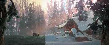 Movie still from “Puss in Boots: The Last Wish” (2022), directed by Januel Mercado – A painting of two bears sitting in the snow; Extreme Wide shot, Low angle