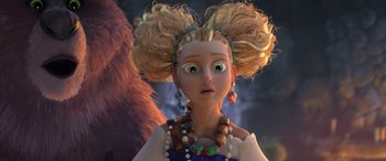 Movie still from “Puss in Boots: The Last Wish” (2022), directed by Januel Mercado – A cartoon character with big hair; Close Up shot, Over the shoulder angle