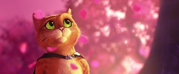 Movie still from “Puss in Boots: The Last Wish” (2022), directed by Januel Mercado – An orange cat with green eyes looking up; Close Up shot, Low angle